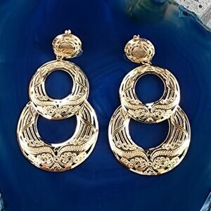 Estate 14K Yellow Gold Filigree Double Hoop Moroccan Dangle Earrings